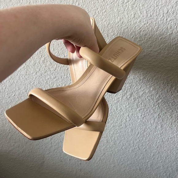 Schutz | Tan Minimalist Block Heel Sandals - Picture 7 of 7
